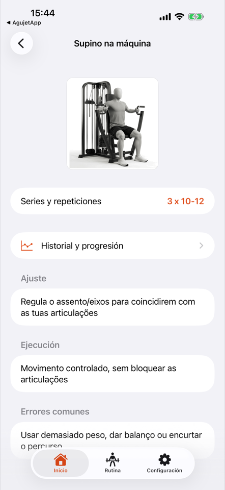 Ficha del press de pecho: la ilustración del movimiento, las series y repeticiones que pide la rutina, el enlace al historial y el ajuste, la ejecución y los errores comunes.